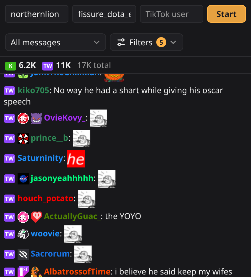 Twitch and Kick chat in one list, with emotes, badges and name colors, and the viewer count for each platform at the top