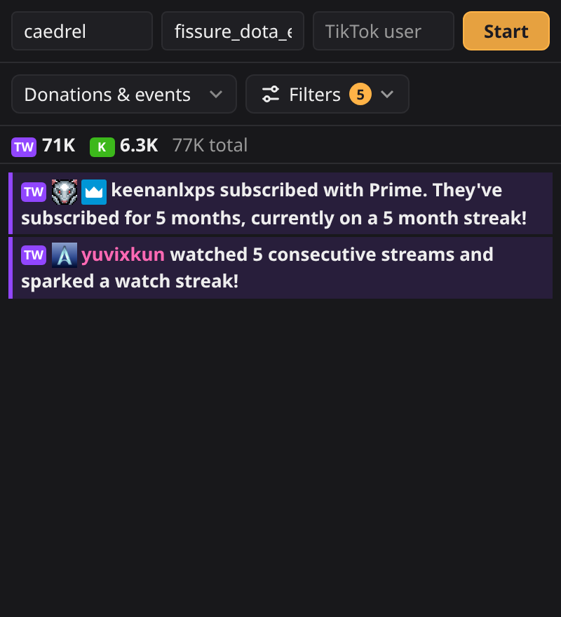 The Donations and events view showing only Twitch sub and watch-streak alerts