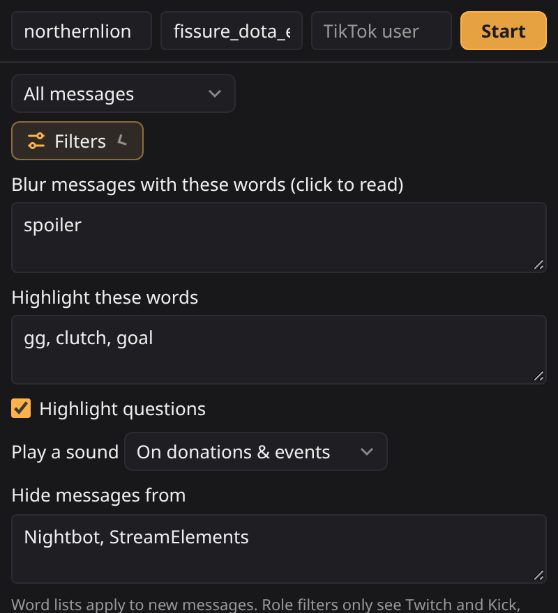 The filter settings: words to blur, words to highlight, highlight questions, a sound on events and users to hide