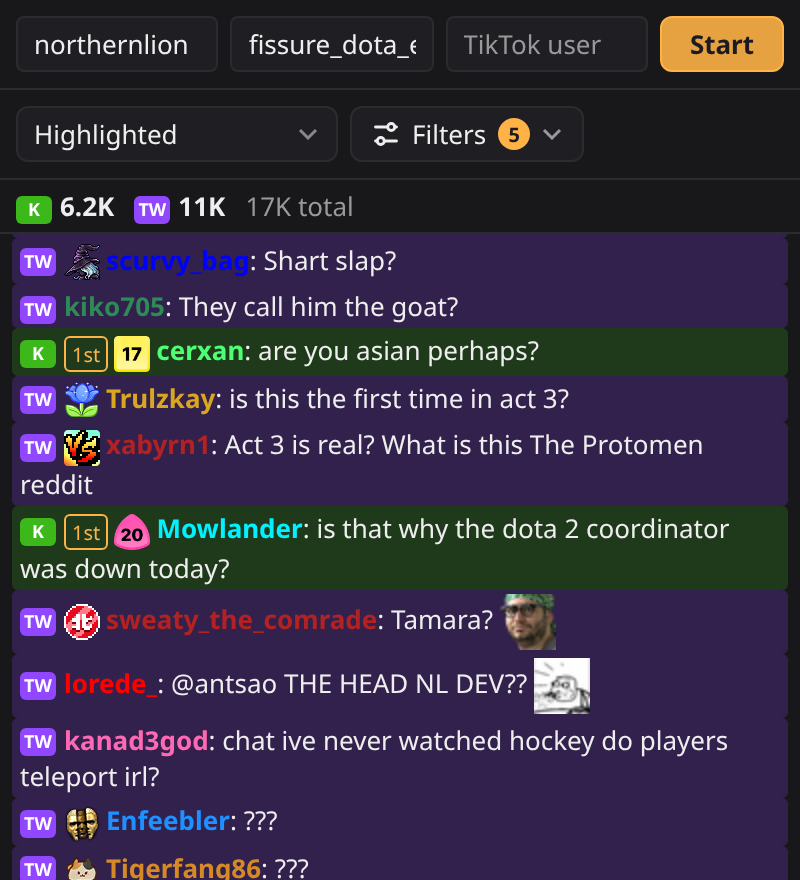 The Highlighted view showing questions and messages with chosen words, marked in color